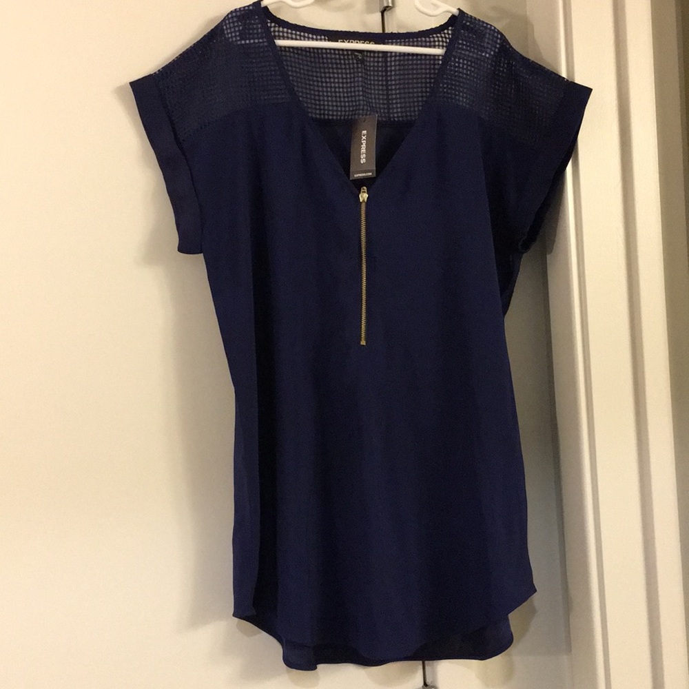 Navy blue Express V-neck top with net & front zip